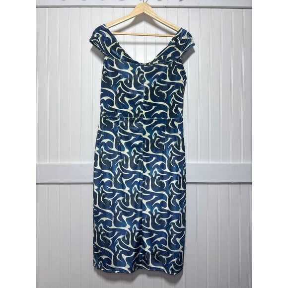 Averie NWT Thea Off Shoulder Blue Abstract Print Cap Sleeve V-Neck Sheath Dress - Picture 3 of 15